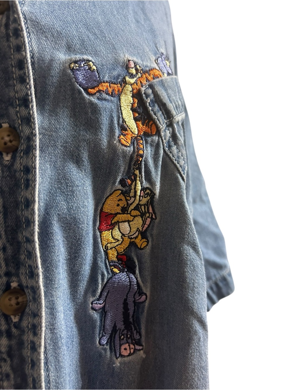 Vintage Denim Winnie The Pooh Button-Up Shirt with Embroidered characters - Picture 2 of 6